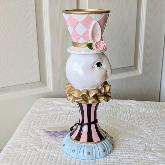 NEW-Tophat &Tails Mad Hatter Easter Bunny Pillar Candle Holder- Spring Decor 🐰 - Picture 2 of 9